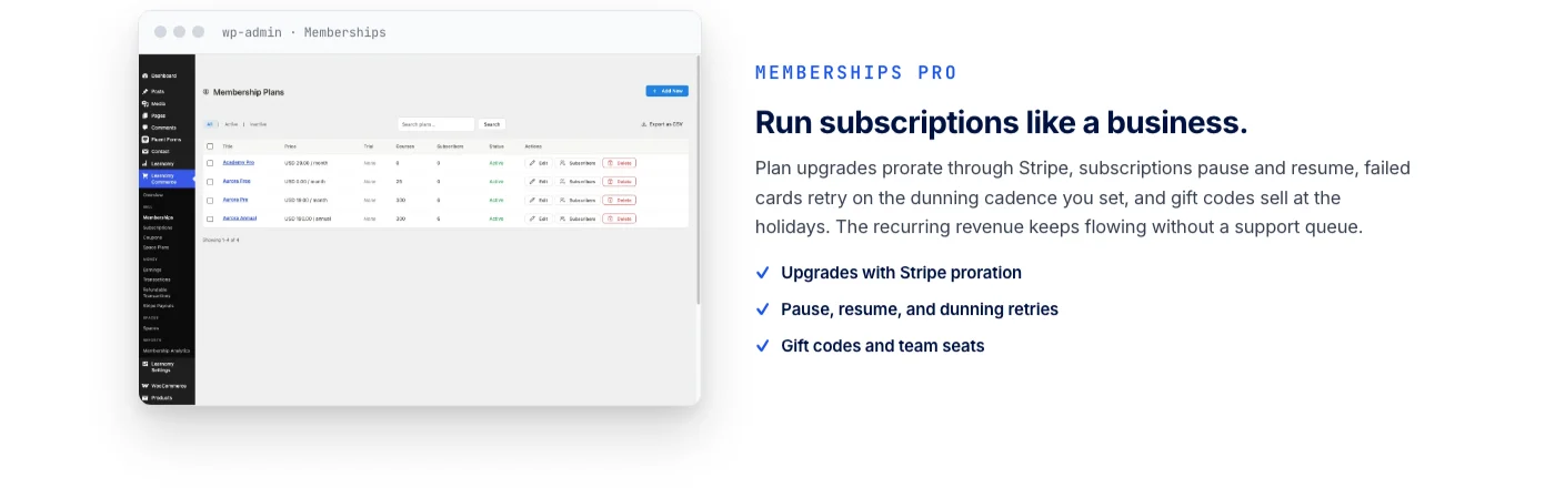Learnomy membership plans with Stripe proration and dunning for recurring course revenue